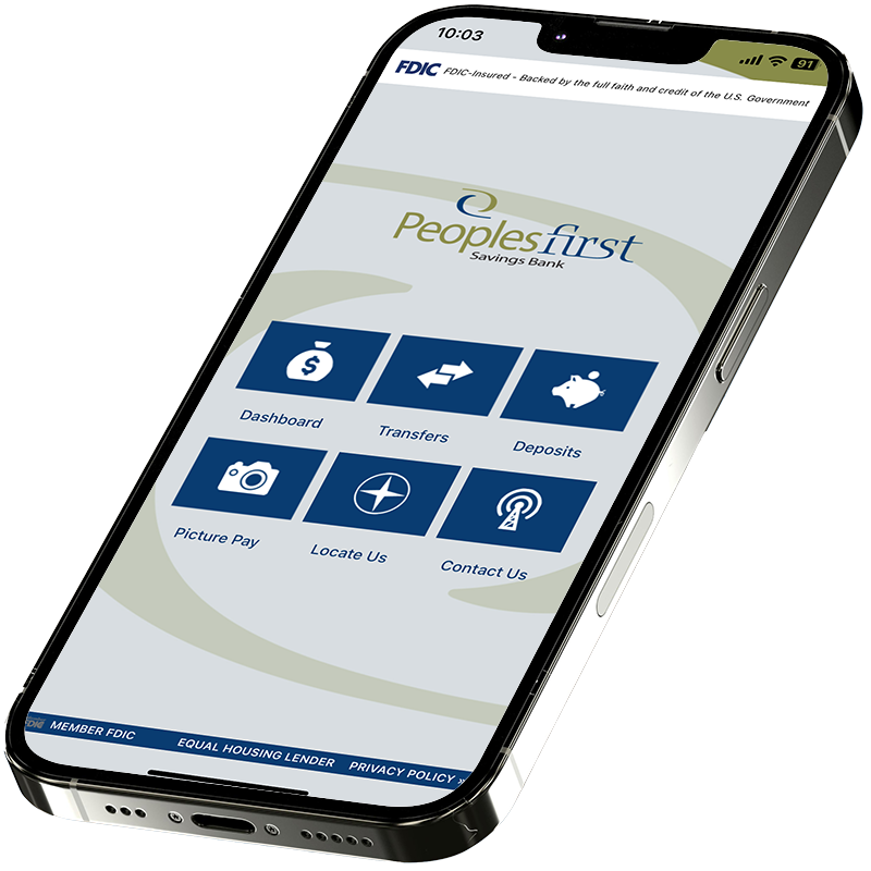 cell phone with Peoples First Savings Bank's mobile app